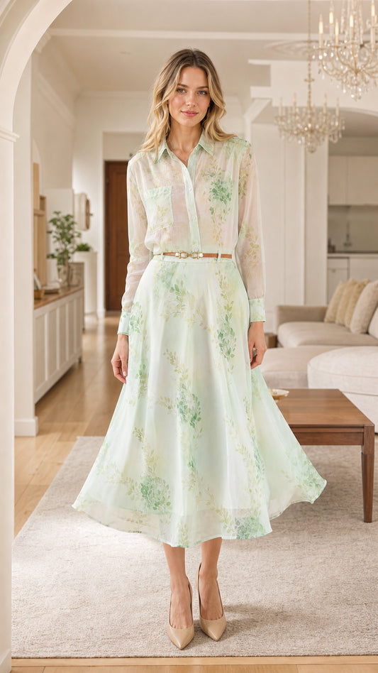 Full front view of mint green botanical midi shirt dress