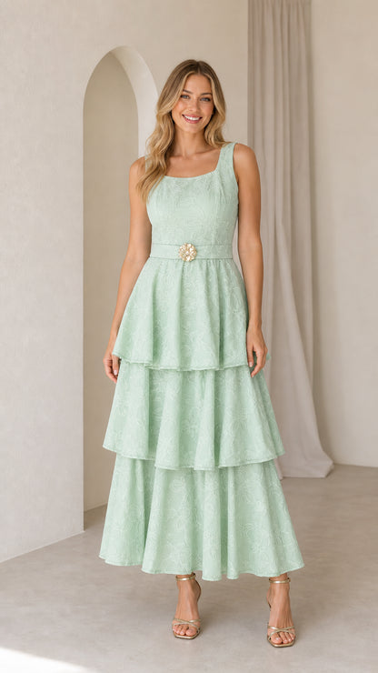 Mint green sleeveless floral embroidered tiered maxi dress front view