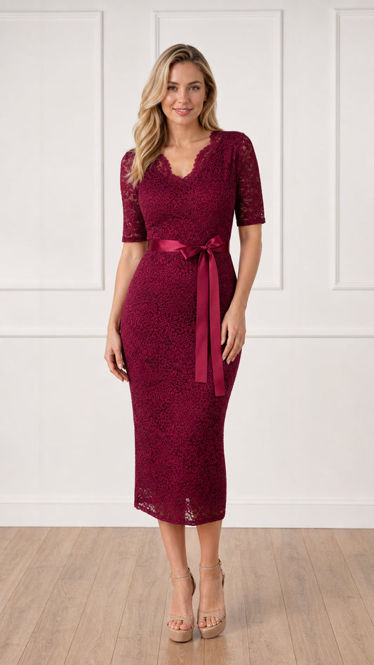Front full view of burgundy lace midi dress with satin belt