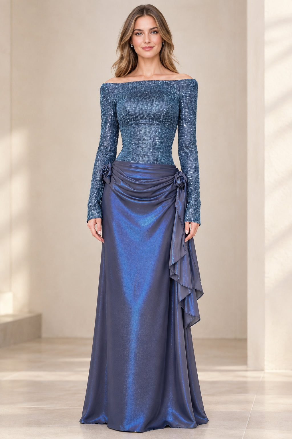 Front view of model wearing Slate Blue off-the-shoulder shimmer evening gown with draped rosette satin skirt