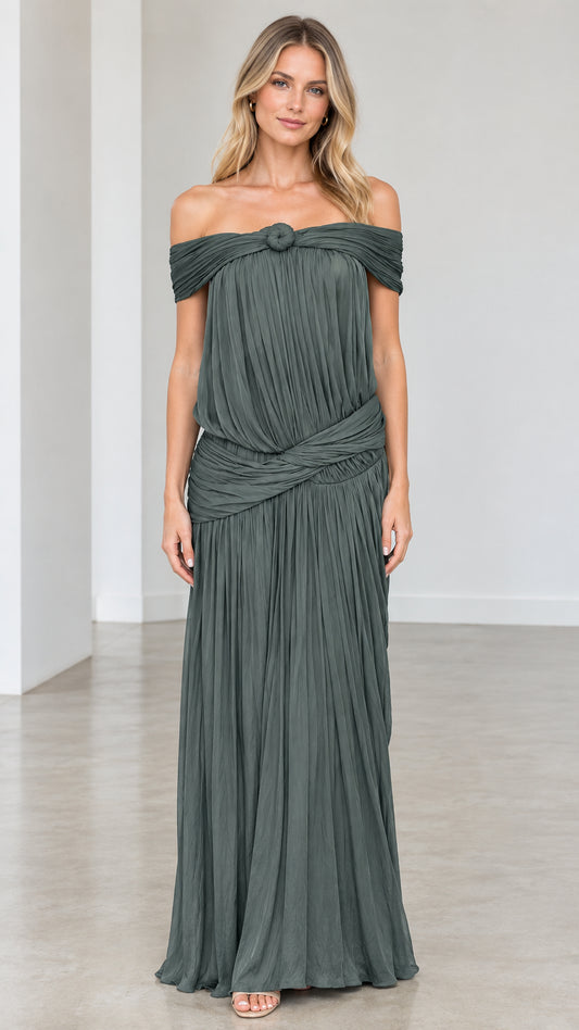 Front view of model wearing Sage Green off-shoulder pleated maxi dress