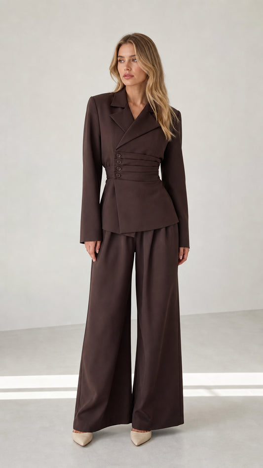 Front view of woman wearing chocolate brown cinched waist blazer and wide leg trousers set