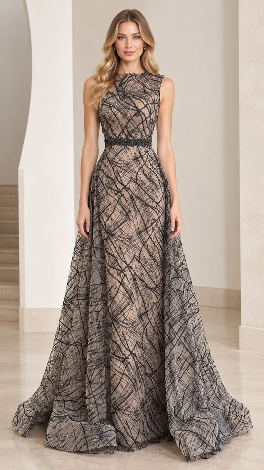 Front view of model wearing charcoal grey sleeveless A-line evening gown with abstract linear pattern