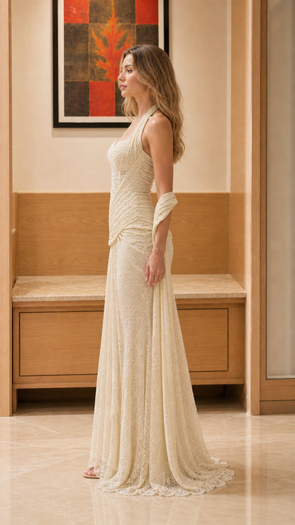 Side profile view of the champagne lace maxi dress