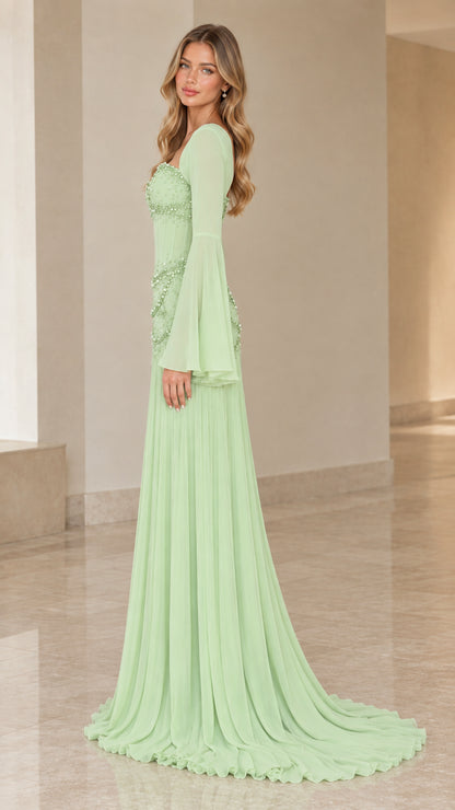 Mint green long sleeve formal gown side profile view
