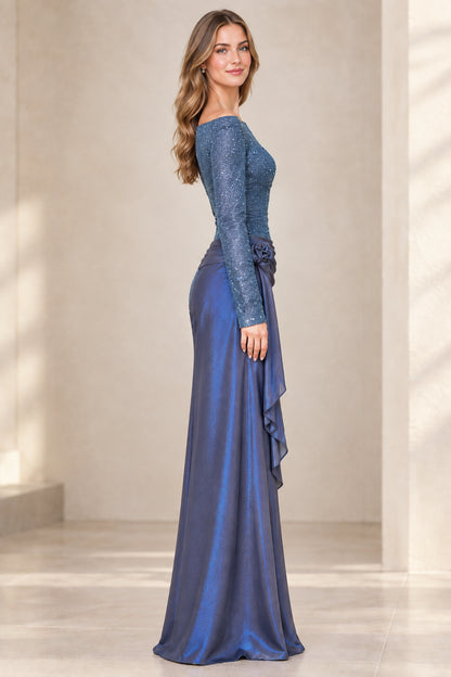 Side view of model wearing Slate Blue long sleeve formal gown