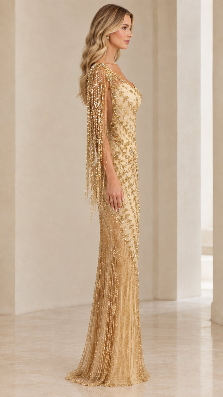 Side view of Champagne Gold beaded formal maxi gown showing silhouette and sleeve drape
