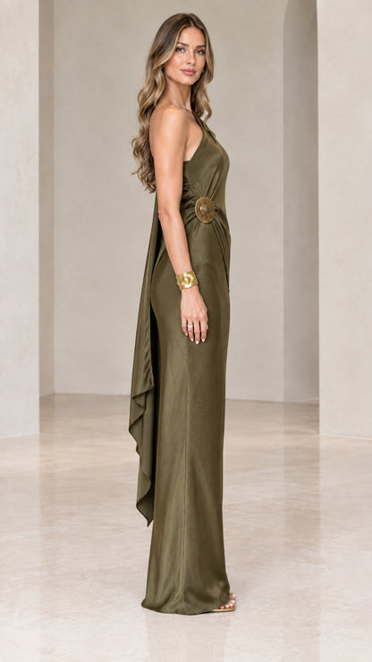 Side profile of olive green one-shoulder satin evening gown showing waist detail