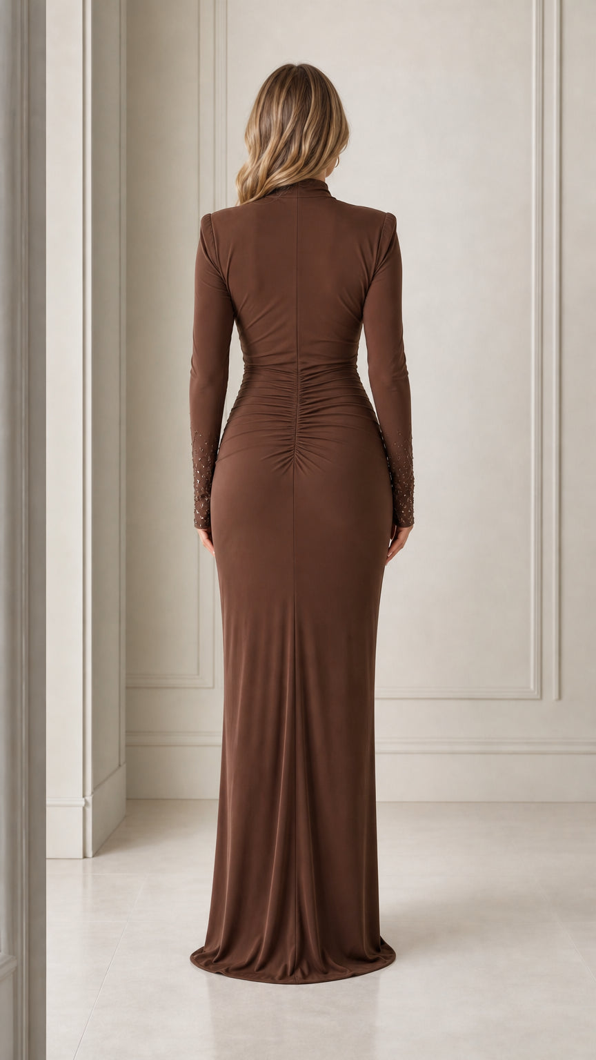 Back view of model showcasing the sleek silhouette of the brown long-sleeve maxi dress