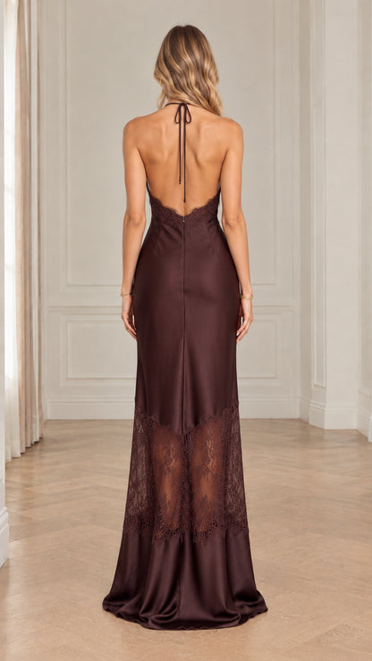 Back view of Chocolate Brown Halter Open Back Satin Maxi Dress
