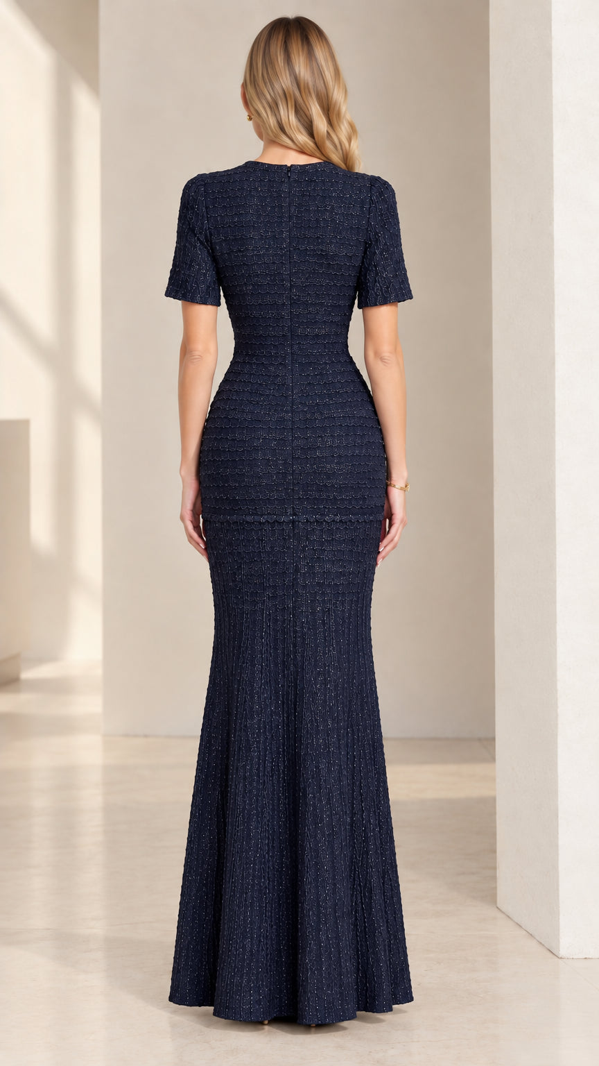 Navy Blue Maxi Formal Dress Back View with Concealed Zipper