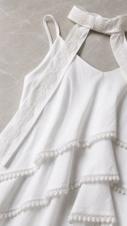 Close-up detail of white camisole ruffles and neckline scarf