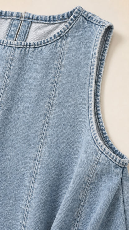 Close-up detail of Light Blue denim fabric, crew neckline, and vertical seam stitching