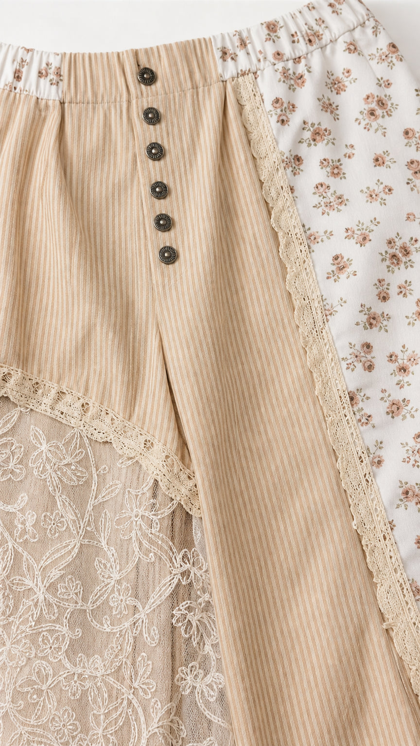Close-up detail of beige ribbed fabric, floral print, lace overlay, and front buttons