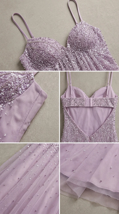 Close-up details of sweetheart bodice, beadwork, back strap, and tulle fabric
