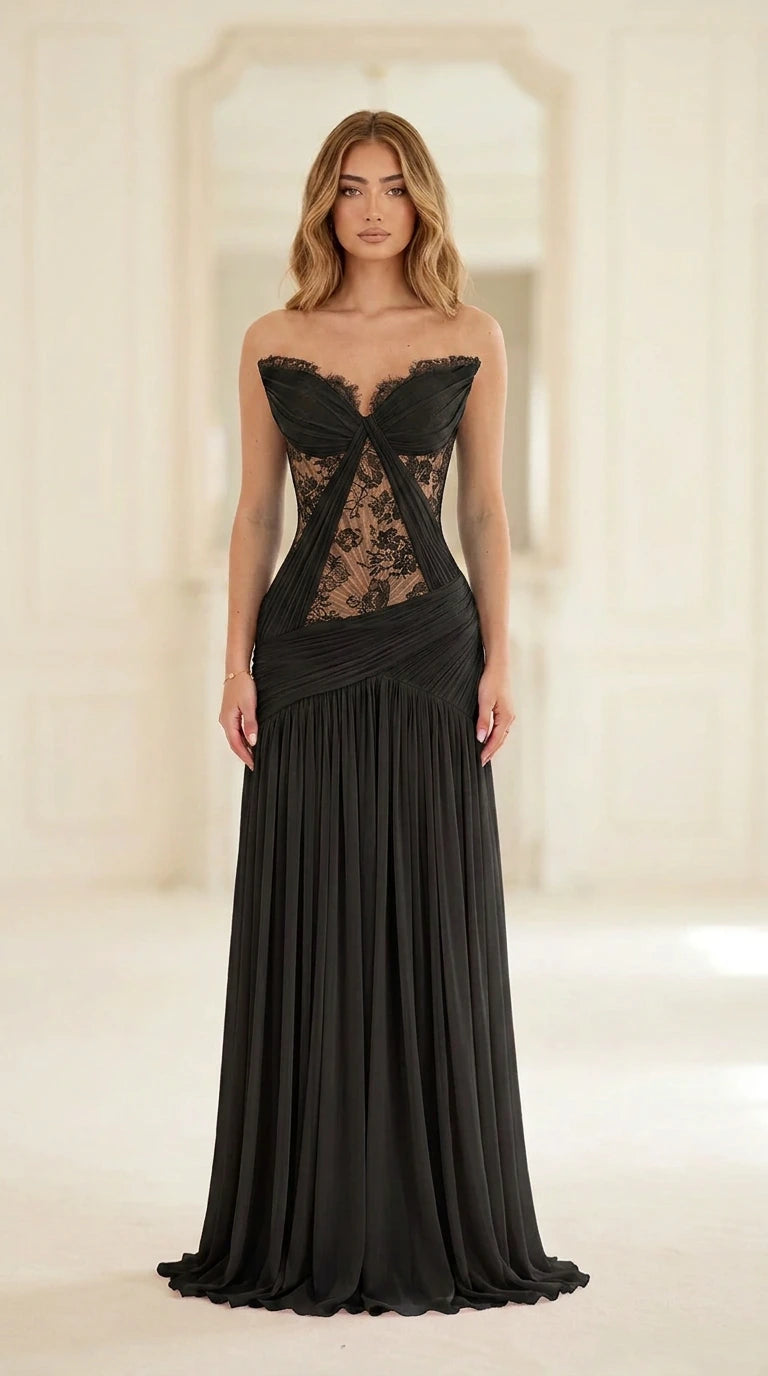 Black strapless lace corset pleated maxi evening gown