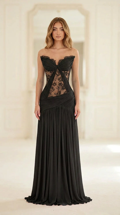 Black strapless lace corset pleated maxi evening gown