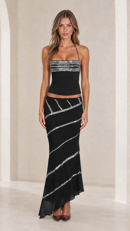 Black sequin halter top and asymmetric maxi skirt two-piece set front view
