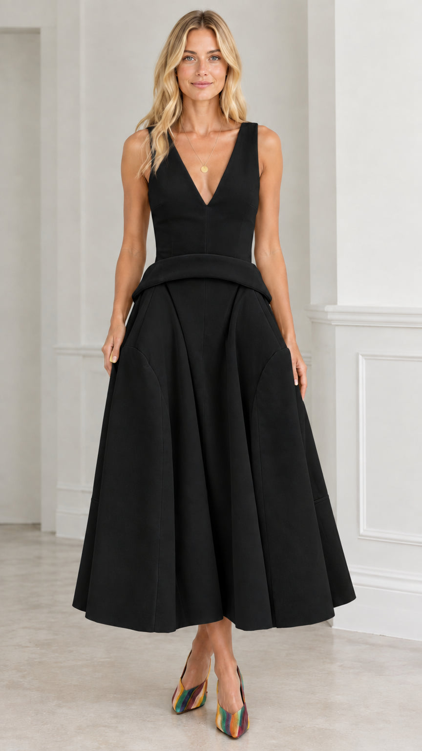 Front view of black sleeveless V-neck basque waist midi dress