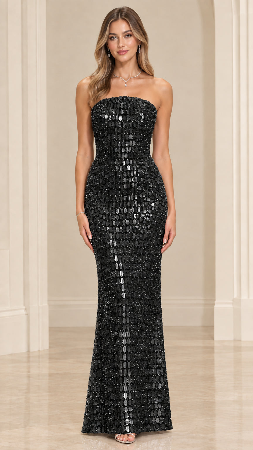 Front view of model wearing Black strapless sequin evening gown