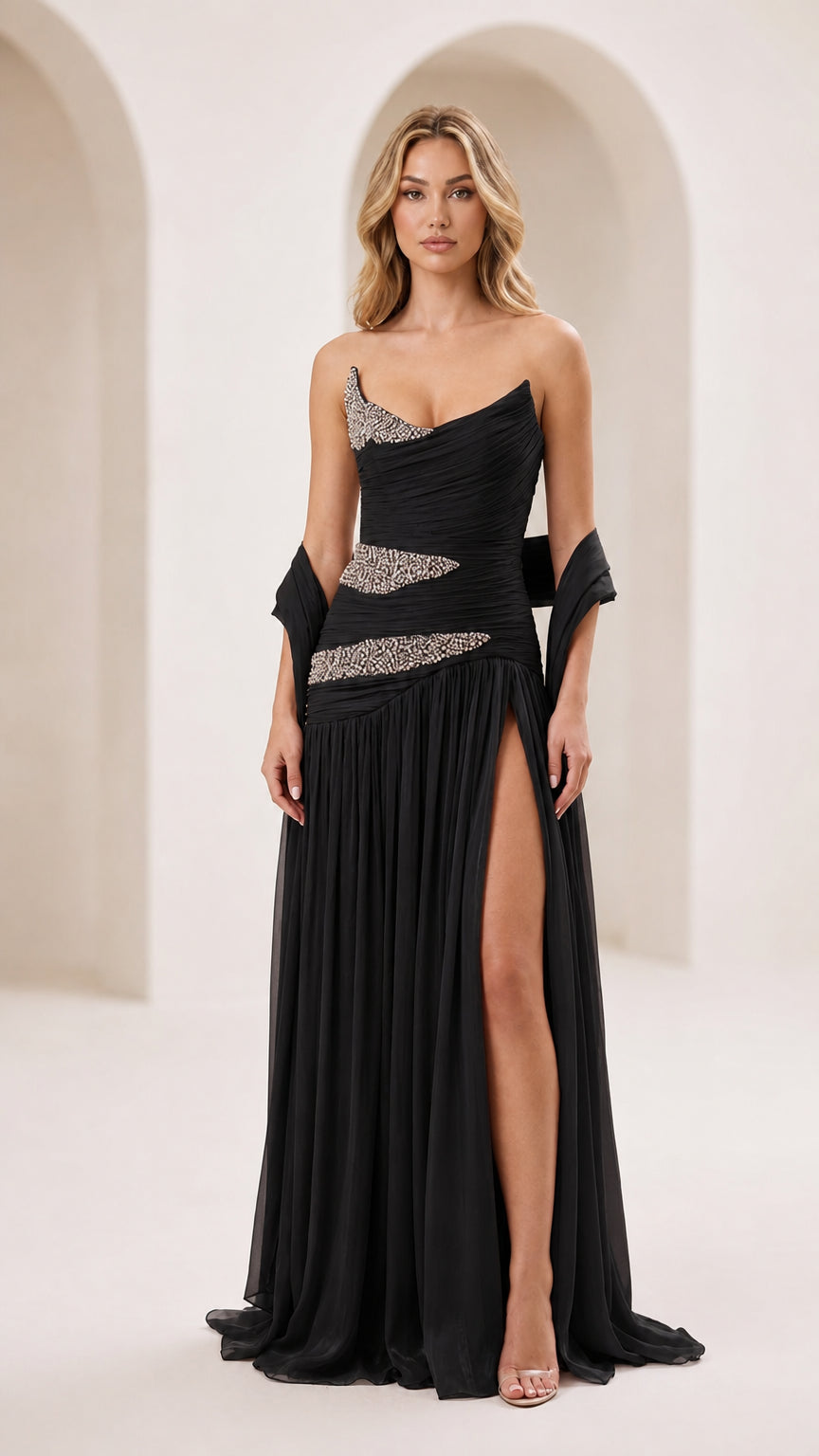 Black strapless evening gown front view