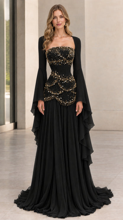 Full-length front view of black beaded corset evening gown with long bell sleeves