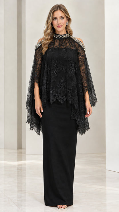 Front view of black beaded cold-shoulder lace capelet evening maxi dress