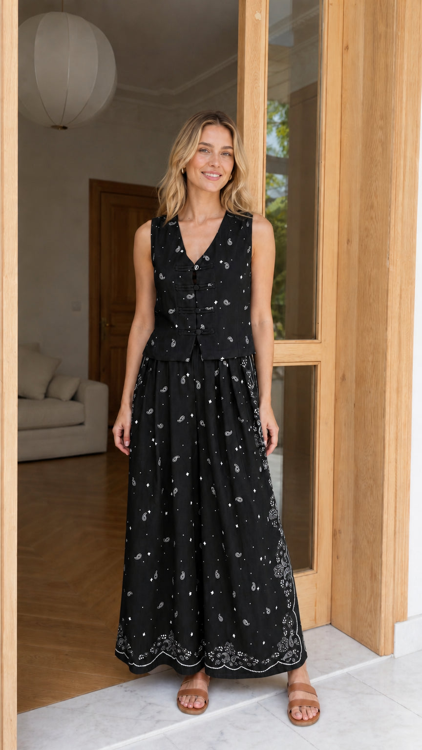 Model wearing black printed vest and wide-leg pants set