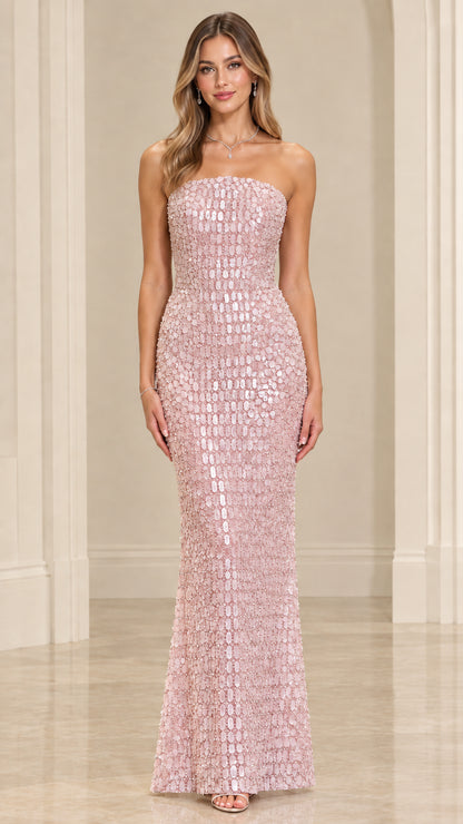Front view of model wearing Blush Pink strapless sequin formal gown