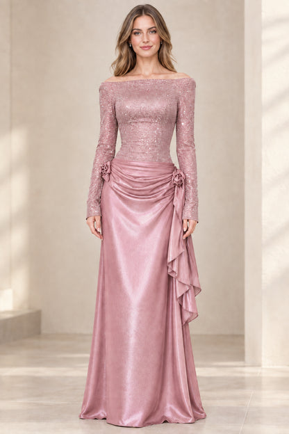Model wearing Dusty Rose shimmer bodice satin formal gown