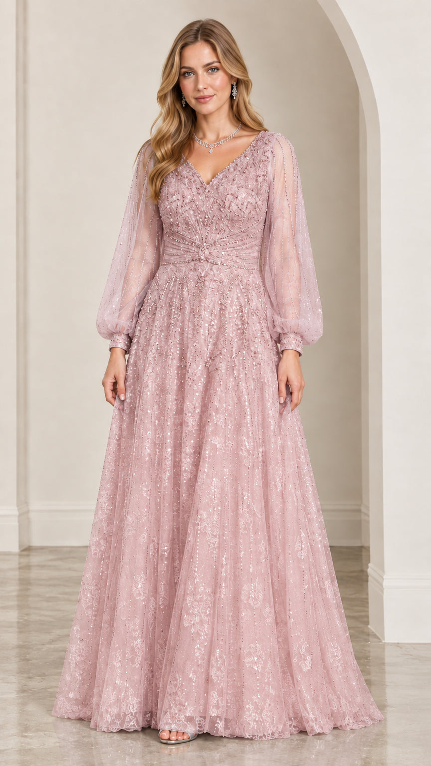 Model wearing Dusty Pink sequined floor-length dress with sheer lantern sleeves
