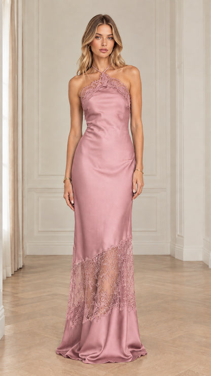 Dusty Rose Halter Neck Satin Maxi Dress with Lace Detail
