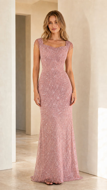 Full-length dusty rose sequined and beaded formal gown with cap sleeves
