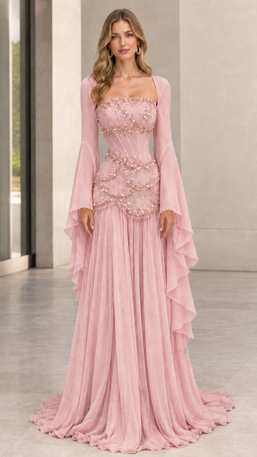 Full-length front view of blush pink embellished corset evening dress with flared sleeves