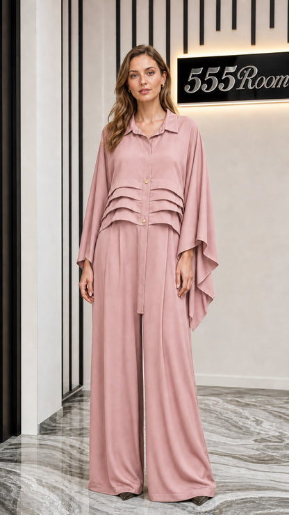 Front view of model wearing pink two-piece set