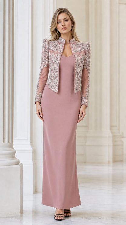 Front view of dusty rose two-piece evening dress with matching embellished jacket