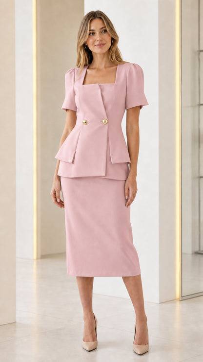 Blush pink square neck peplum top and matching midi skirt set front view