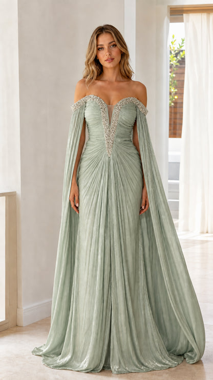 Front view of model wearing sage green off-the-shoulder cape sleeve pleated evening gown