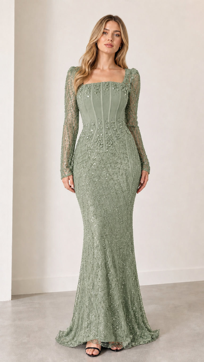 Full front view of sage green embellished long sleeve corset maxi dress