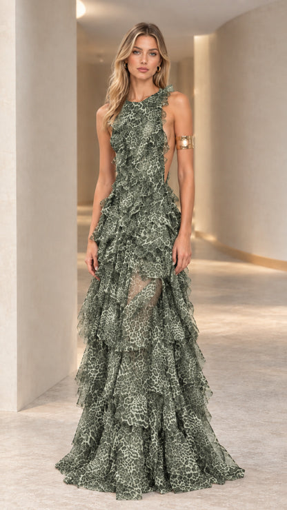 Sage Green leopard print tiered ruffle backless evening gown front view