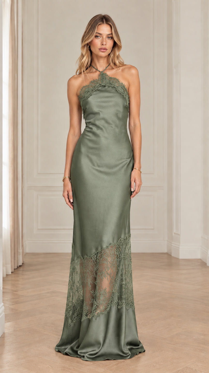 Sage Green Halter Neck Satin Formal Maxi Dress