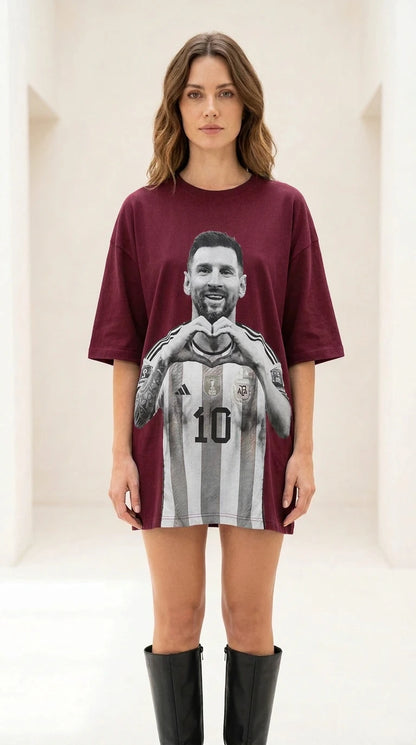 Front view of burgundy color variant of graphic t-shirt dress