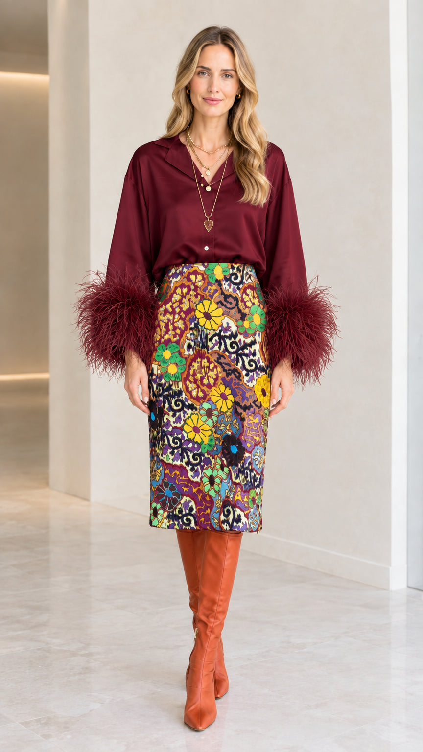 Burgundy wine red satin blouse with feather-trimmed cuffs and floral midi skirt