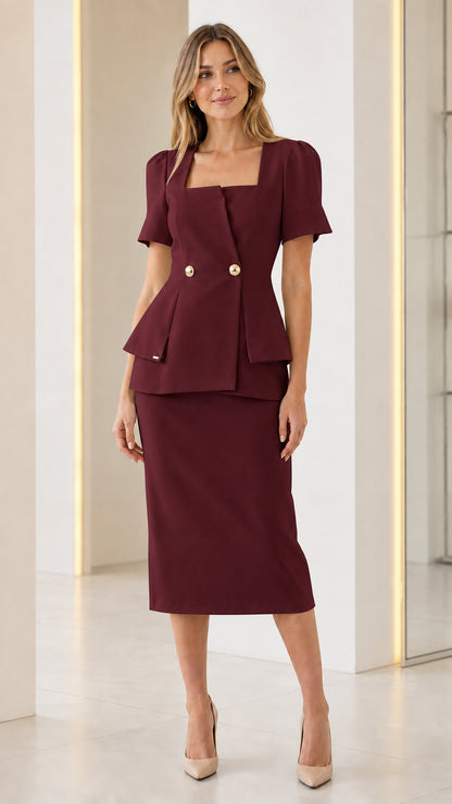 Burgundy square neck peplum top and matching midi skirt set front view