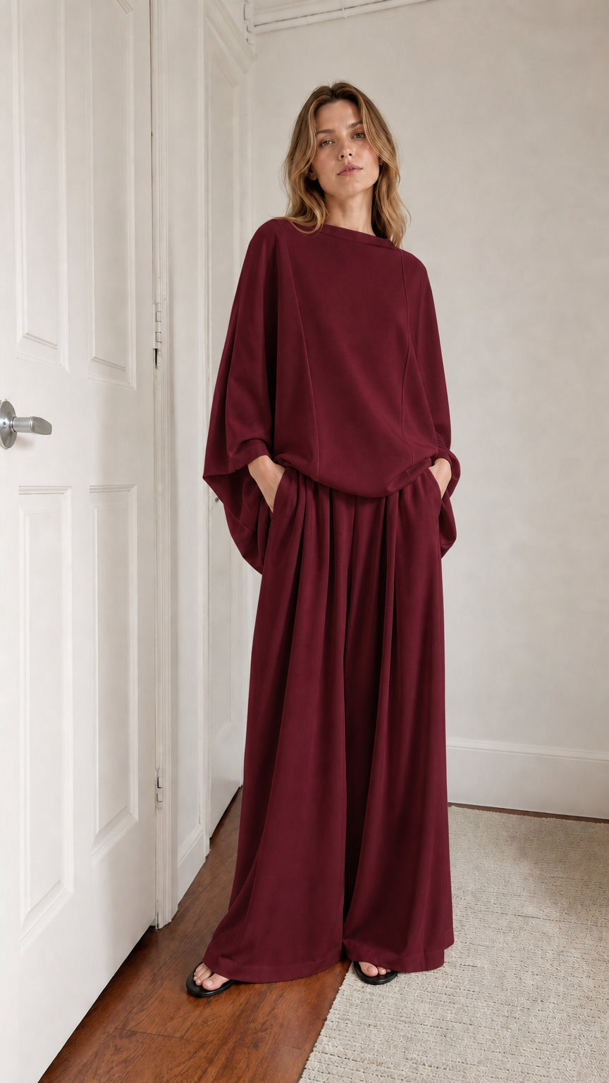 Model wearing burgundy lounge set