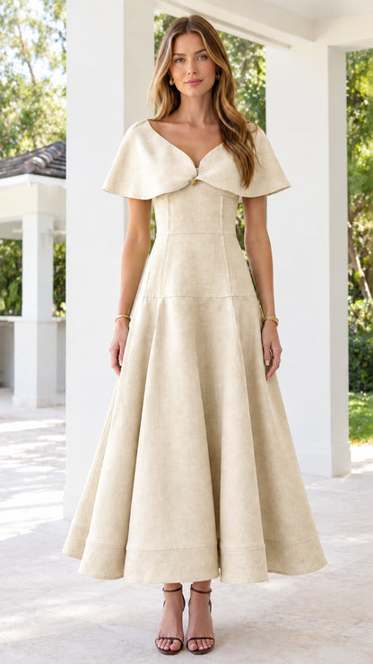 Front view of cream off-white capelet V-neck A-line flare midi dress