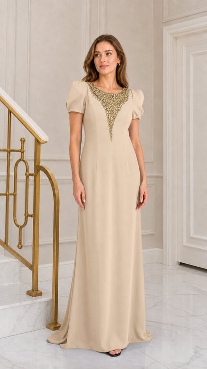 Front view of woman wearing champagne beige crystal embellished puff sleeve formal maxi dress