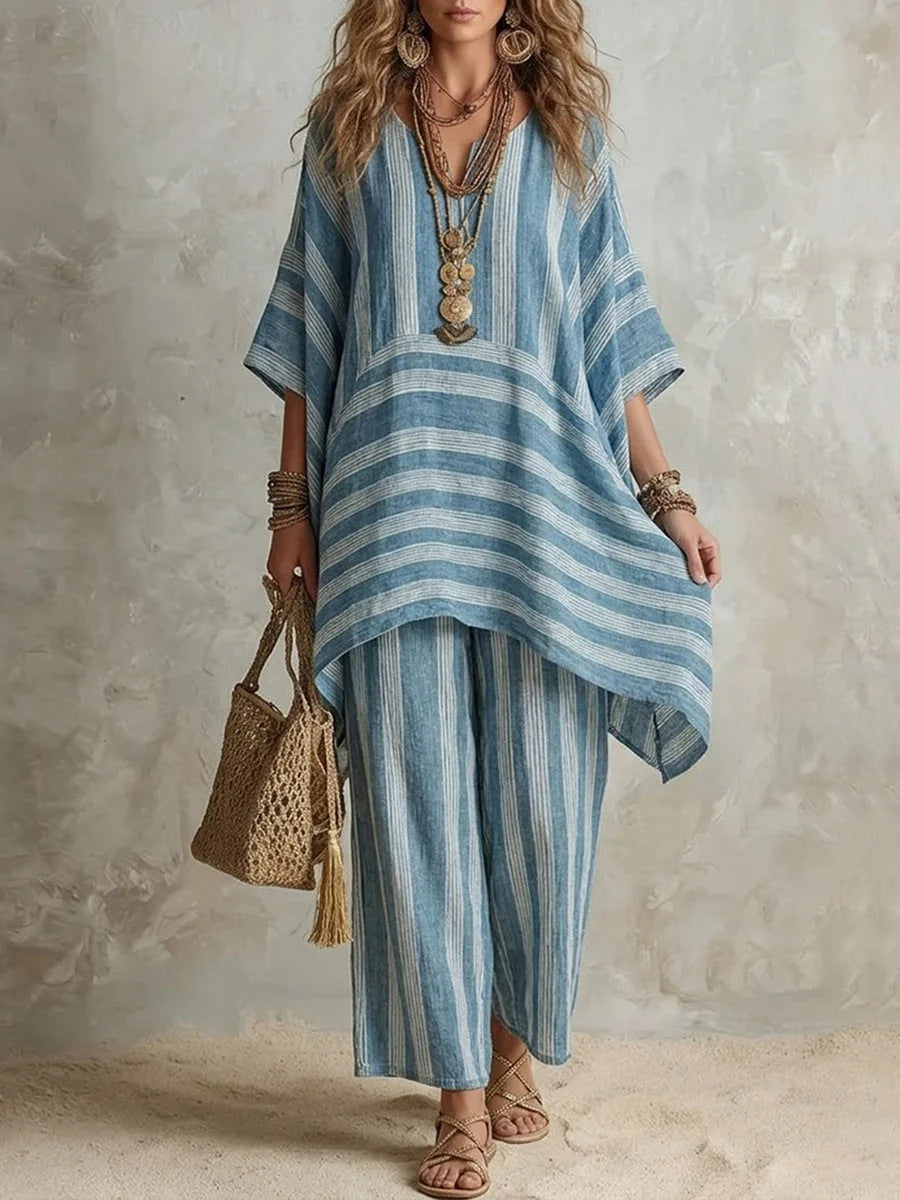 Boho Striped Poncho Top & Wide-Leg Pants Two-Piece Set