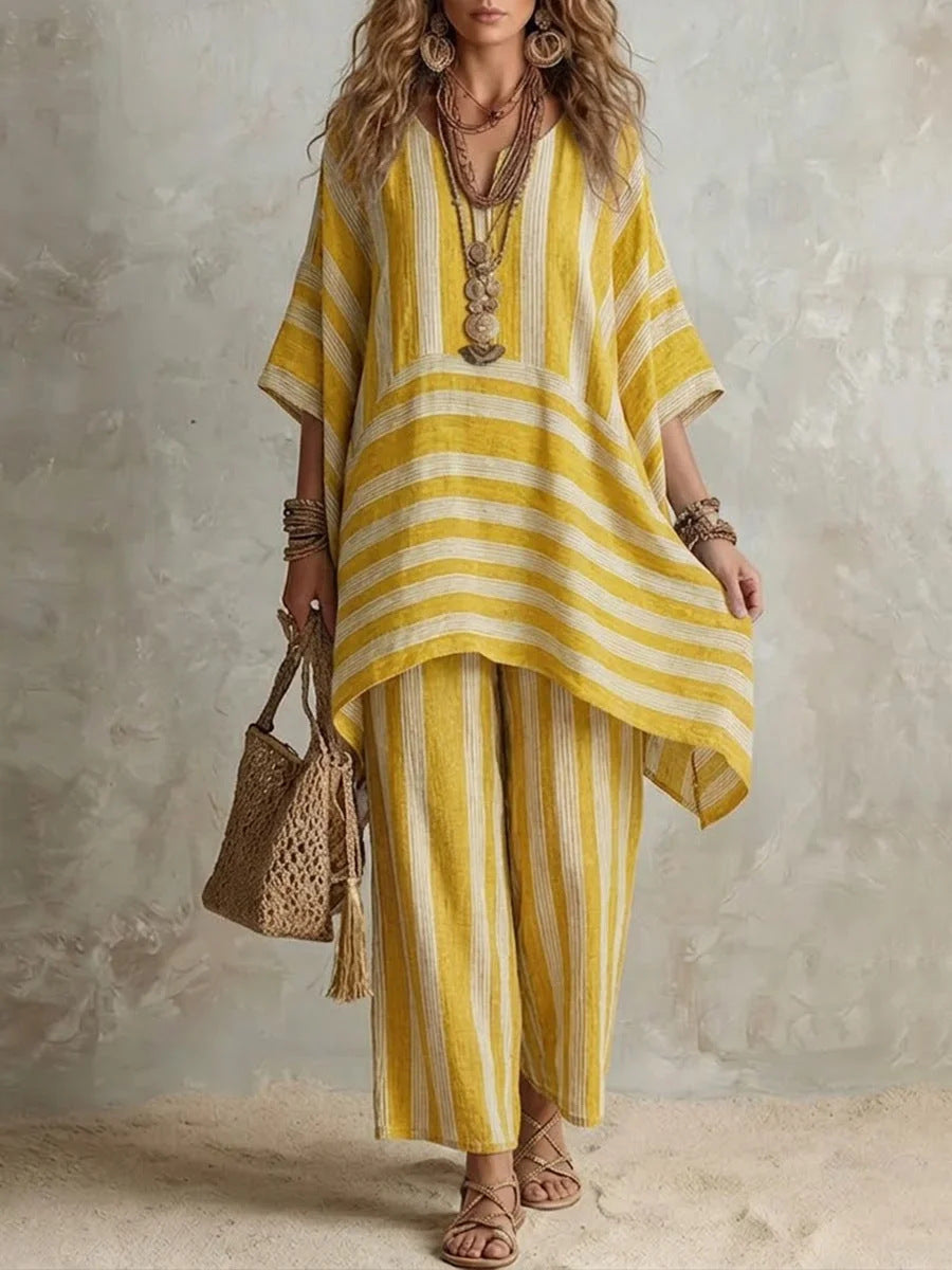 Boho Striped Poncho Top & Wide-Leg Pants Two-Piece Set