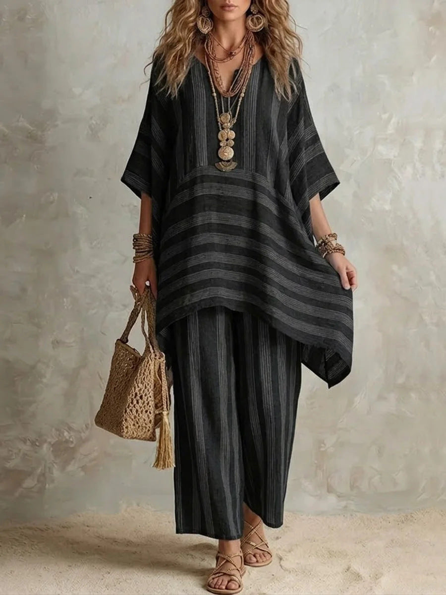 Boho Striped Poncho Top & Wide-Leg Pants Two-Piece Set